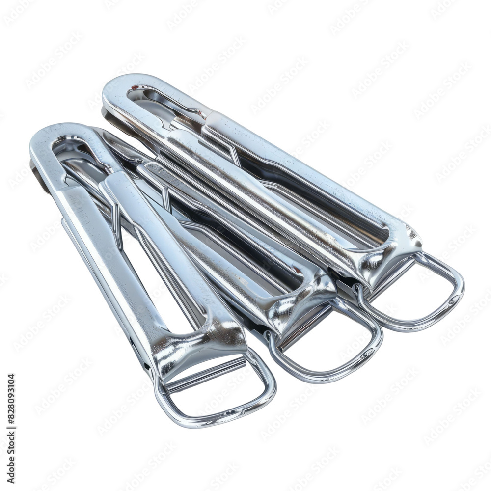 Three metal kitchen tongs isolated on white background. Three metal kitchen tongs isolated on white background.