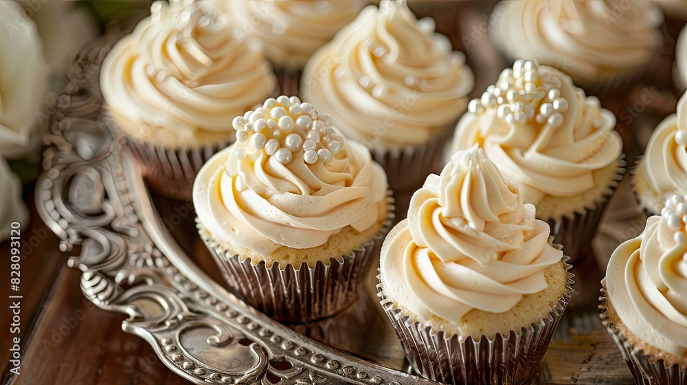 Elegant cupcakes with intricate frosting designs and edible pearls, arranged on a silver platter for a luxurious dessert experience. Elegant cupcakes with intricate frosting designs and edible pearls, arranged on a silver platter for a luxurious dessert experience.
