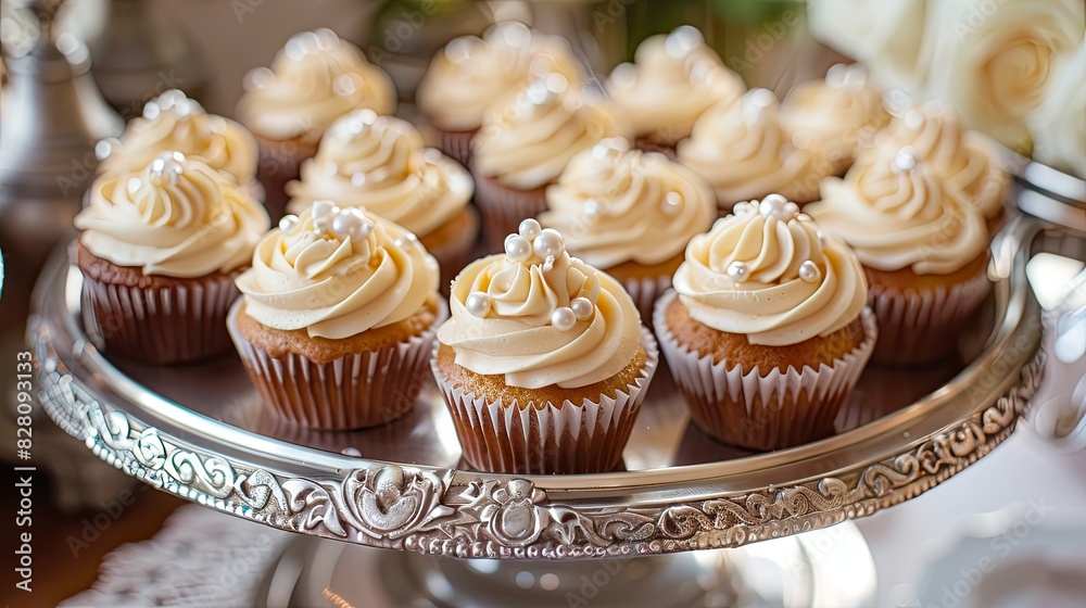 Elegant cupcakes with intricate frosting designs and edible pearls, arranged on a silver platter for a luxurious dessert experience. Elegant cupcakes with intricate frosting designs and edible pearls, arranged on a silver platter for a luxurious dessert experience.