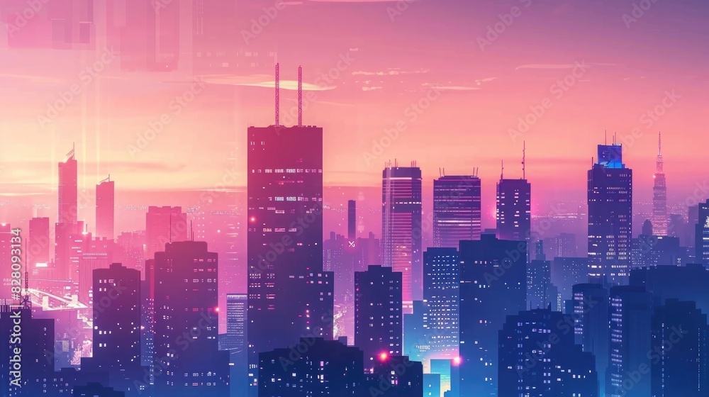 Modern futuristic abstract of minimalistic cityscape with twilight sky.