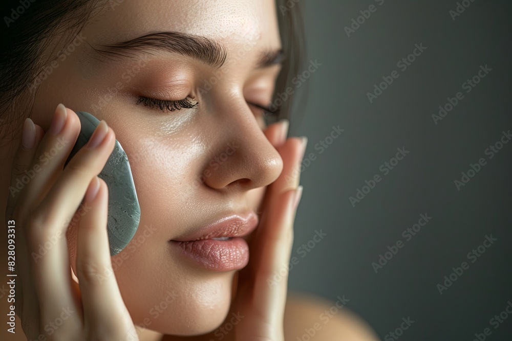 Fototapeta premium Closeup of a young woman with her eyes closed, holding a stone in her hand