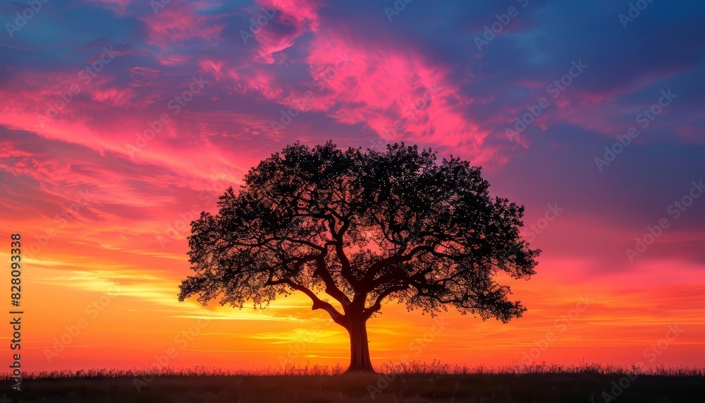 Fototapeta premium Silhouette of a lone tree against a vibrant sunset sky, with shades of orange, pink, and purple creating a stunning backdrop