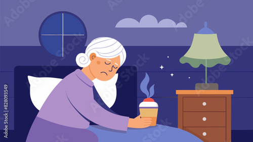 An elderly woman drifting off to sleep with a diffuser emitting the scent of sandalwood by her bedside.. Vector illustration