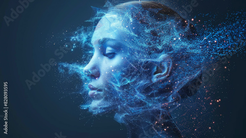 A digital representation of a human face dissolving into particles and network lines, evoking themes of technology, connection, and the merging of humanity with the digital world.