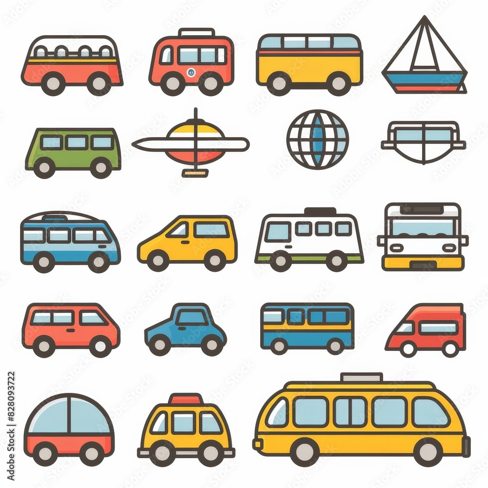 Transportation icons: car, bus, train, and ship Transportation icons: car, bus, train, and ship