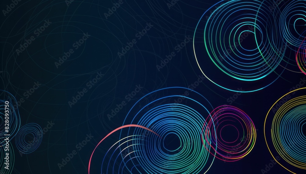 Colorful abstract background with circles and lines on dark background, inspired by art and beauty