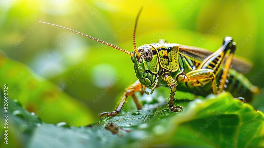 Grasshopper feeding on a leaf in a garden, showcasing its natural behavior in a vivid, green environment. Grasshopper feeding on a leaf in a garden, showcasing its natural behavior in a vivid, green environment.