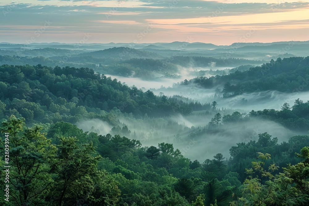 Stunning scenic overlook at sunrise, with mist rising from the forest below, and the first light illuminating the landscape Stunning scenic overlook at sunrise, with mist rising from the forest below, and the first light illuminating the landscape