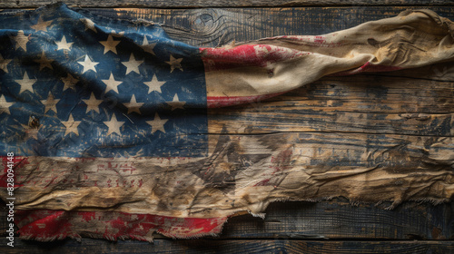 4th of july background : A weathered and worn American flag lies creased on a rugged wooden surface, symbolizing resilience and enduring national spirit amidst time's challenges.