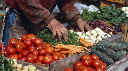 A farmers weathered hands arranging bundles of freshly harvested organic vegetables at a market stand.