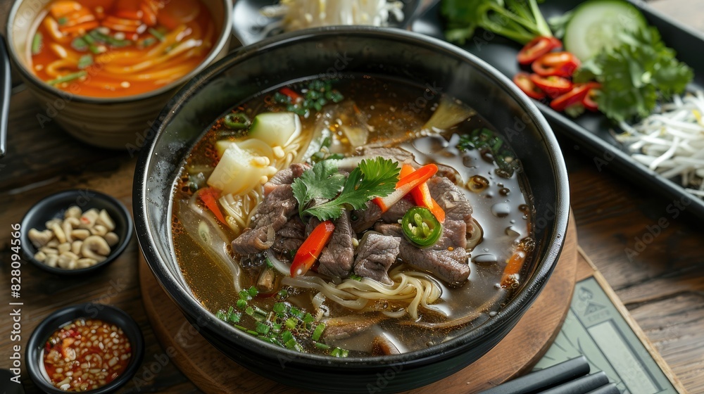 Guay Teow Nam Tok noodle soup served hot, with slices of beef, fresh vegetables, and a spicy, savory broth, ready to be enjoyed. Guay Teow Nam Tok noodle soup served hot, with slices of beef, fresh vegetables, and a spicy, savory broth, ready to be enjoyed.