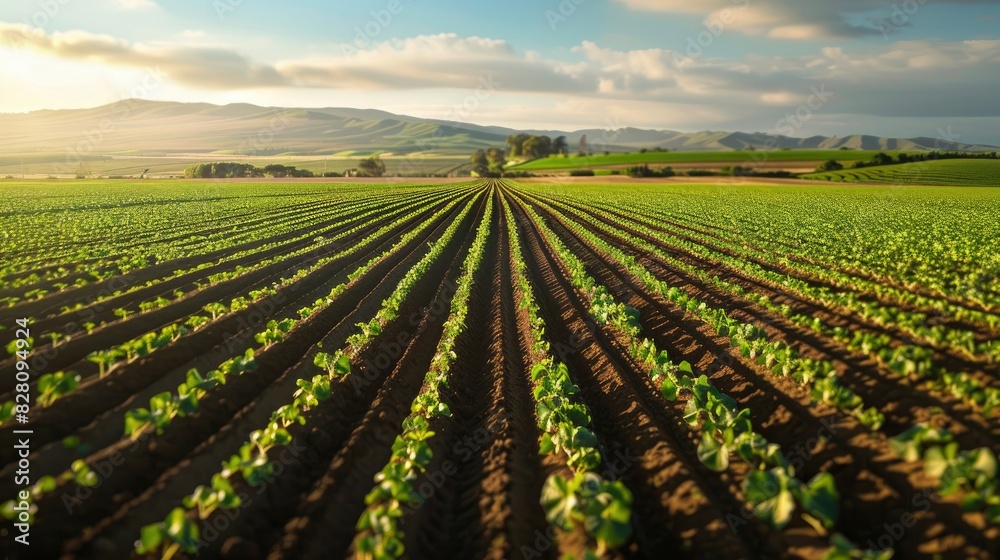 High-angle perspective of a sprawling agricultural field, with rows of crops stretching into the distance.