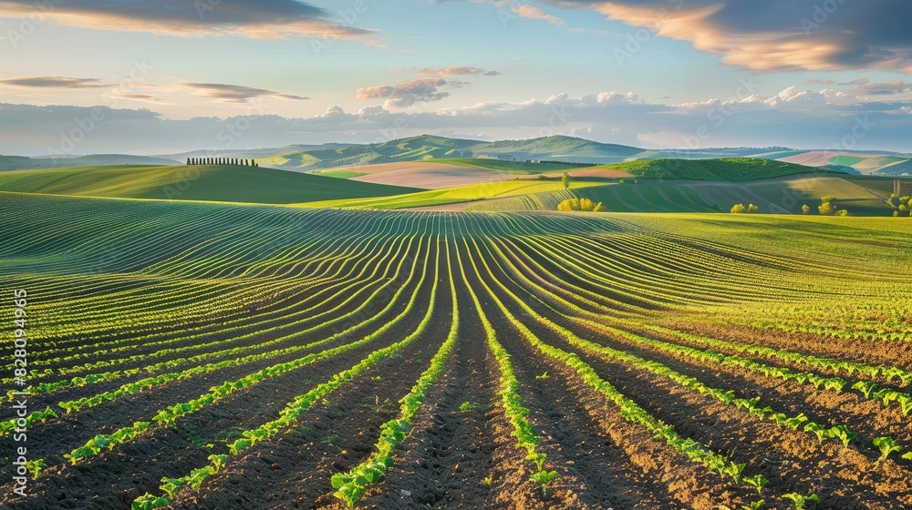 High-angle perspective of a sprawling agricultural field, with rows of crops stretching into the distance. High-angle perspective of a sprawling agricultural field, with rows of crops stretching into the distance.