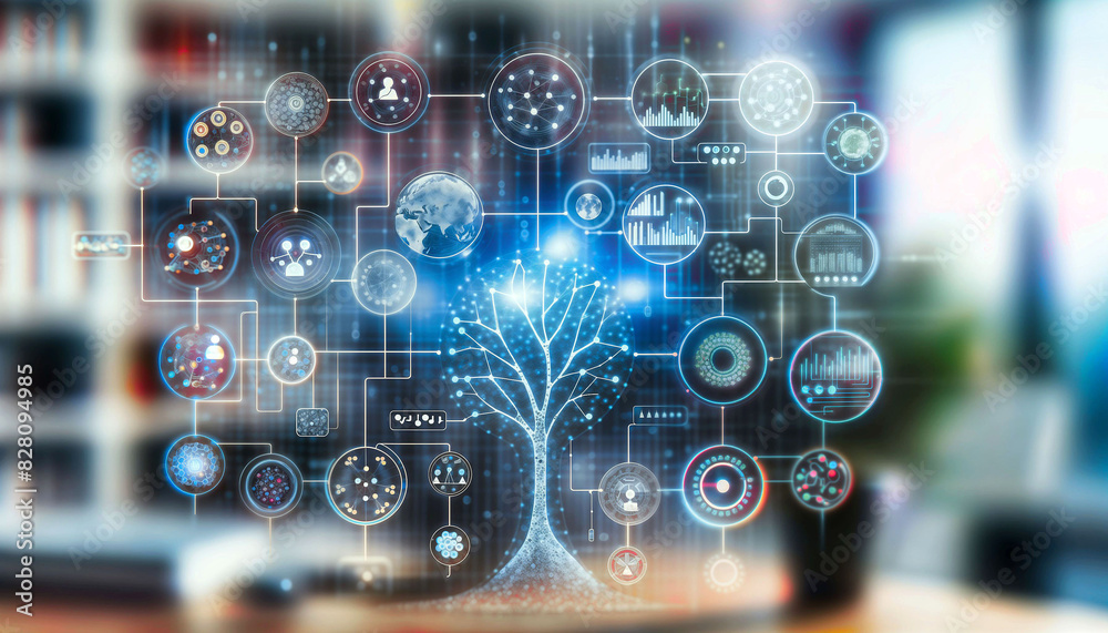 Fototapeta premium An infographic illustrating the machine learning process on a blurred background - Generative AI