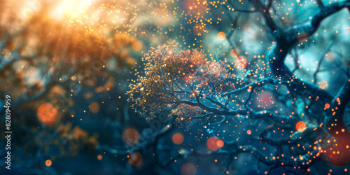 A tree branch surrounded by orange sparks and particles - Generative AI	
 photo