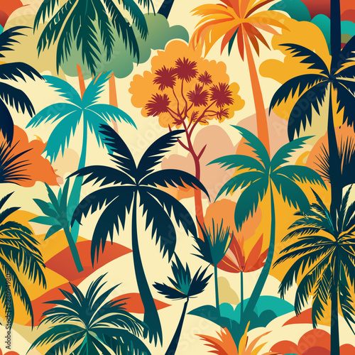 Colourful Retro Tropical palm trees silhouettes , Island , Leaves , flower repeat in retro style. Vector art Hand drawn illustration for summer design, print, exotic wallpaper, textile, fabric