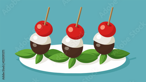 Miniature caprese salad skewers with cherry tomatoes basil leaves and mozzarella balls drizzled with a balsamic reduction.. Vector illustration