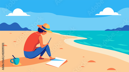 A person on a secluded beach writing in the sand with a stick as they reflect on their journey to selfacceptance and selflove through journaling.. Vector illustration