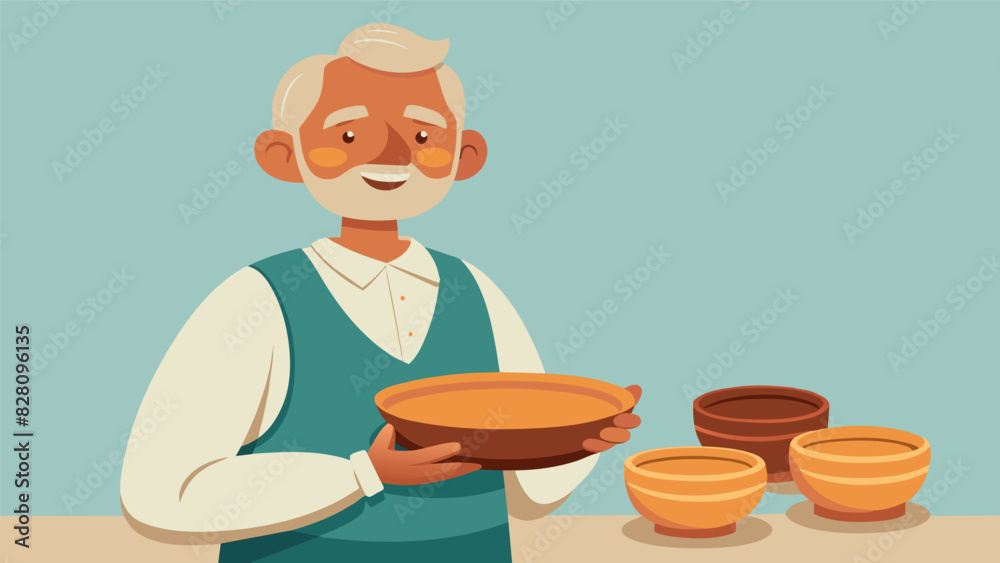 An elderly man showcasing his carefully crafted wooden bowls and platters made with dedication and skill at the Senior Arts and Crafts Fair.. Vector illustration An elderly man showcasing his carefully crafted wooden bowls and platters made with dedication and skill at the Senior Arts and Crafts Fair.. Vector illustration