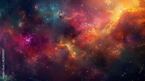 Craft a striking image of a vast galaxy swirling with colorful nebulae and shimmering stars, merging seamlessly with intricate musical notes Combine traditional oil painting techniques with digital CG photo
