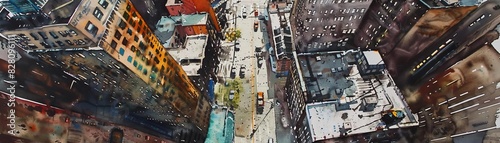 Capture the essence of Urban Decay with a watercolor painting, showcasing a decaying cityscape from a surprising birds eye view perspective, revealing beauty in deterioration photo