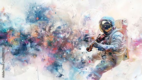 Illustrate a cosmic orchestra playing amidst celestial bodies  blending futuristic spacesuits with elegant classical instruments Render the scene in a mix of vibrant watercolors and dynamic digital te