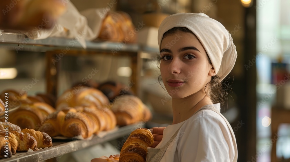 A pretty female baker in uniform was standing behind a table, holding a croissant, smiling at the camera, A pretty female baker in uniform was standing behind a table, holding a croissant, smiling at the camera,