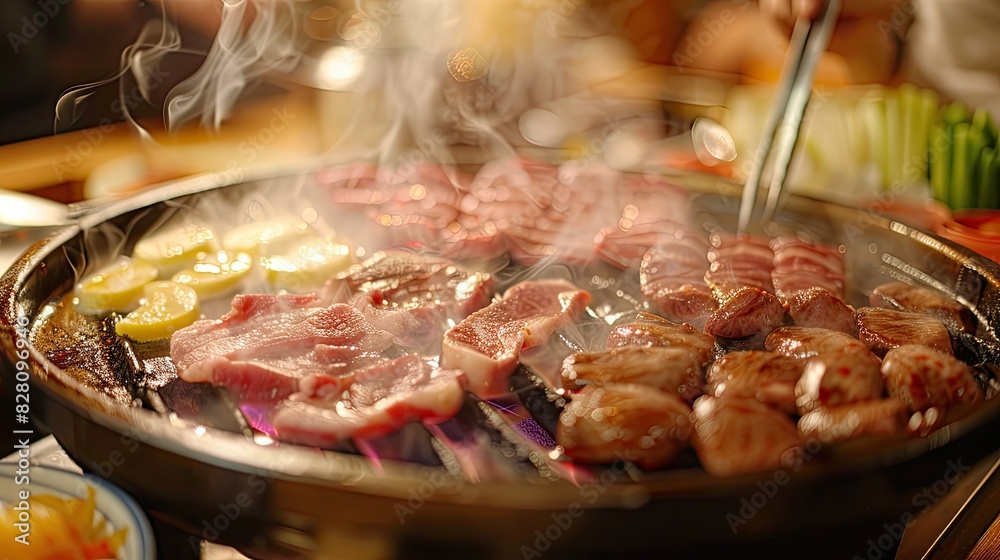 Sizzling grilled meats and bubbling hot pot, a feast of barbecue and shabu-shabu delights in one delightful image. Sizzling grilled meats and bubbling hot pot, a feast of barbecue and shabu-shabu delights in one delightful image.