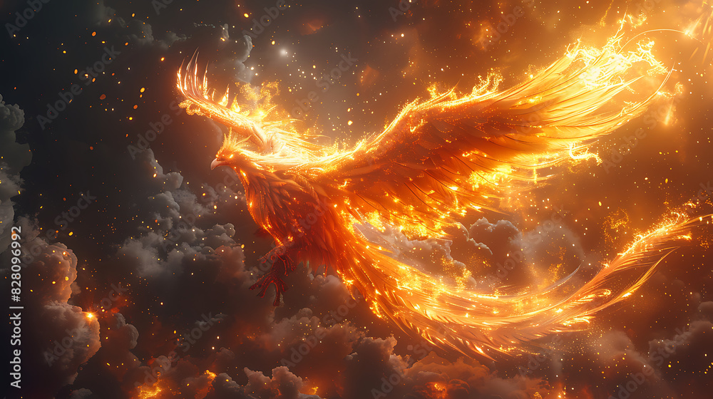 Naklejka premium illustration of mythical creature known phoenix fiery plumage radiant wings the power of rebirth rising from the ashes of destruction to soar once more into the heavens in a blaze of glory and renewal