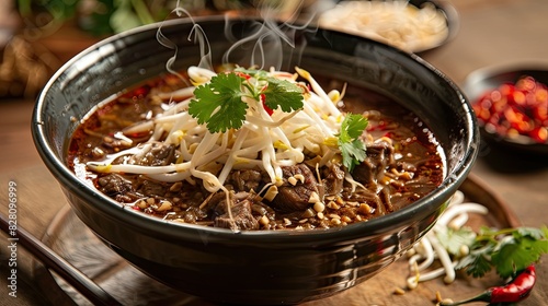 Steaming Guay Teow Nam Tok noodles with beef and rich broth, garnished with bean sprouts, chili flakes, and cilantro.