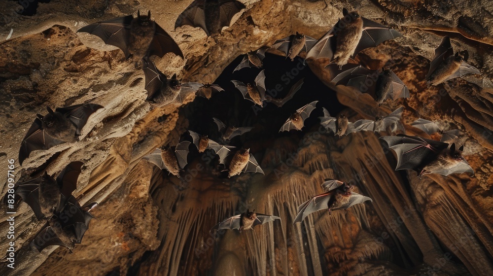 Overhead shot capturing bats in flight as they enter a cave, symbolizing the harmony between wildlife and natural habitats.