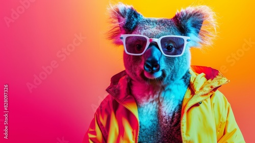 funny dressed animal portrait neon outfit vibrant wide angle cool koala   photo