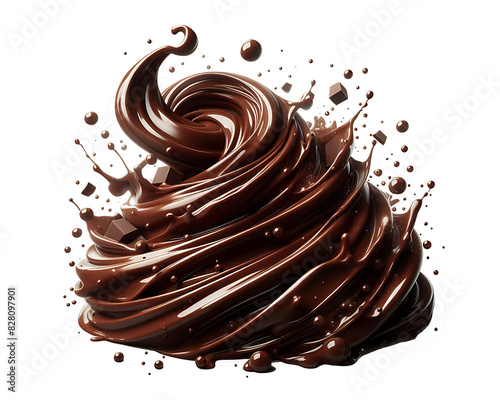Dark brown Chocolate or cocoa liquid swirl splash with little foundation bubbles isolated on white background, liquid fluid element flowing in form of wave,png
