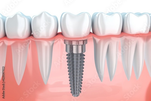 The concept of dental implants. A 3D rendering showing a dental implant placed between teeth