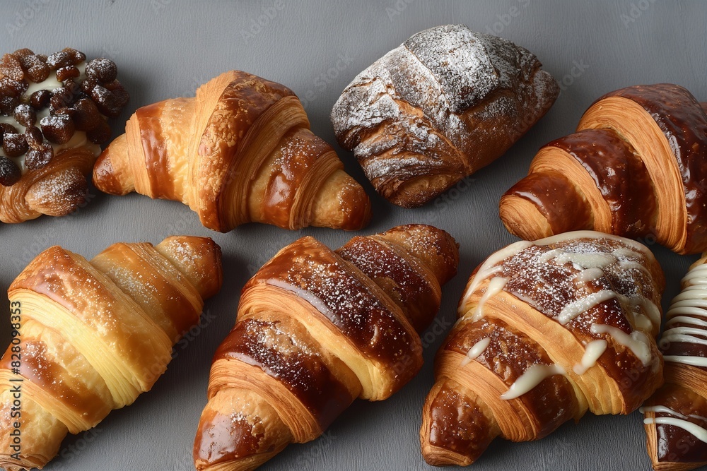 An assortment of gourmet pastries, including croissants and ?(C)clairs, arranged elegantly on a smooth grey background 32k, full ultra hd, high resolution