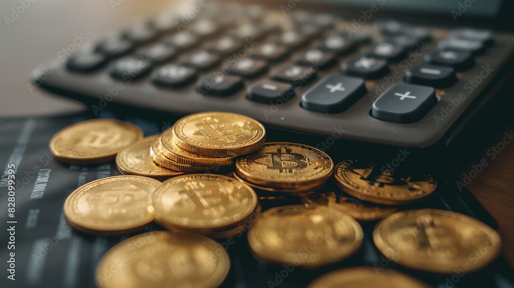 gold coins with calculator, business wealth calculation or financial audit concept gold coins with calculator, business wealth calculation or financial audit concept