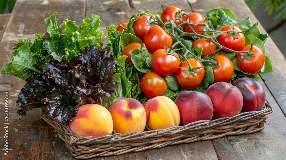 A lush mix of leafy greens ripe tomatoes and juicy peaches arranged in a traditional wicker basket. A lush mix of leafy greens ripe tomatoes and juicy peaches arranged in a traditional wicker basket.