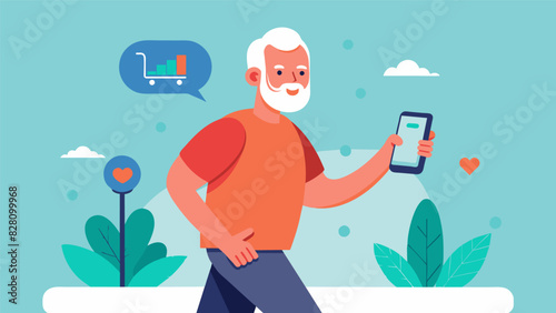 An older man using a fitness tracker app on his phone to track his daily steps.. Vector illustration