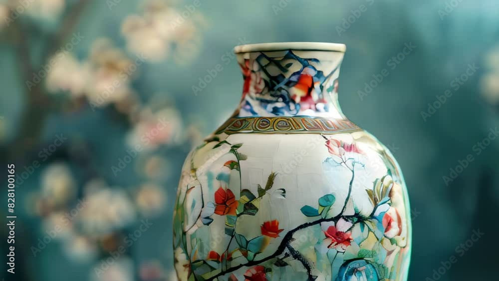 Ornate porcelain vase with floral patterns against blurred backdrop Ornate porcelain vase with floral patterns against blurred backdrop