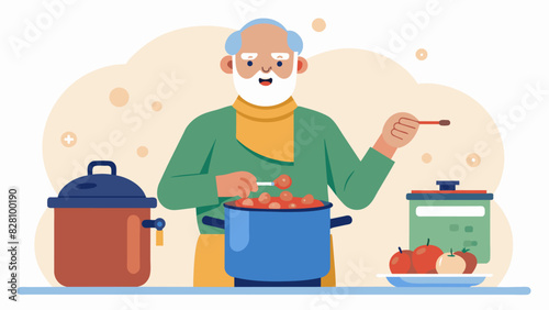 A retiree uses a slow cooker to create a hearty and wholesome stew that will provide several days worth of nutritious meals proving that healthy cooking can also be convenient.. Vector illustration