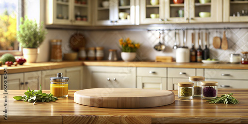 Fototapeta Naklejka Na Ścianę i Meble -  Empty podium in kitchen and spices scene