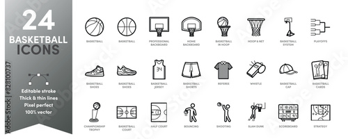 Basketball Icon Set. Editable stroke with thick and thin stroke weights. Perfect for logos, stats and infographics. Change the thickness of the line in any vector capable app.