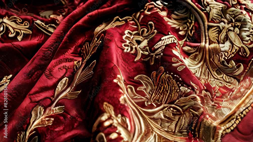 Intricately designed red fabric with gold embroidery and floral patterns Intricately designed red fabric with gold embroidery and floral patterns
