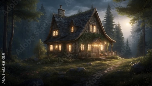 In a moonlit forest clearing, a quaint cottage with glowing windows beckons with an enchanting aura ai_generated © Haroon