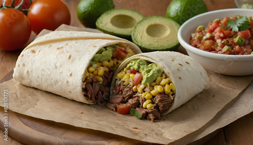 burrito stuffed with beef, rice, tomato, guacamole and corn.