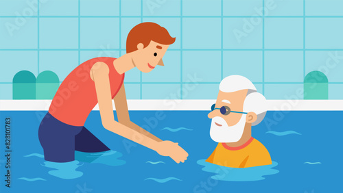 An older man learning basic swimming skills with the help of his patient instructor determined to overcome his fear of water.. Vector illustration