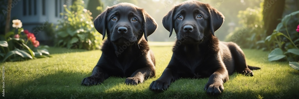 portrait of a labrador puppy on garden yard background banner portrait of a labrador puppy on garden yard background banner