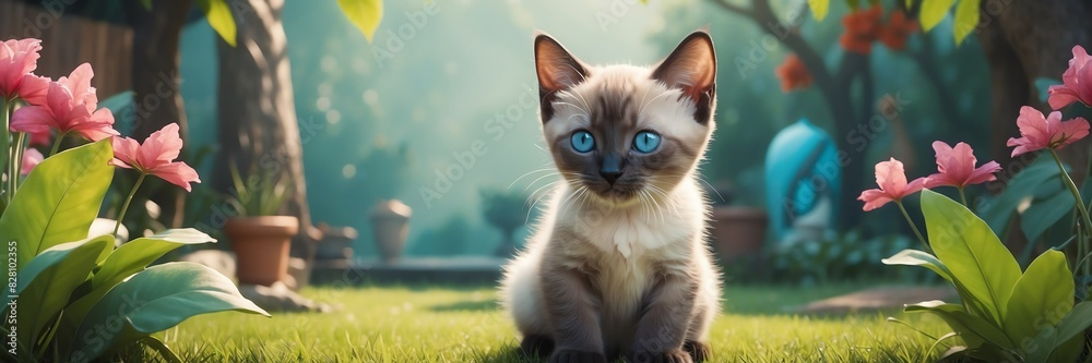 portrait of a siamese kitten on garden yard background banner portrait of a siamese kitten on garden yard background banner