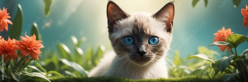 portrait of a siamese kitten on garden yard background banner portrait of a siamese kitten on garden yard background banner