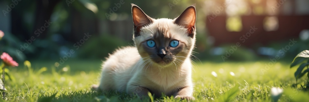 portrait of a siamese kitten on garden yard background banner